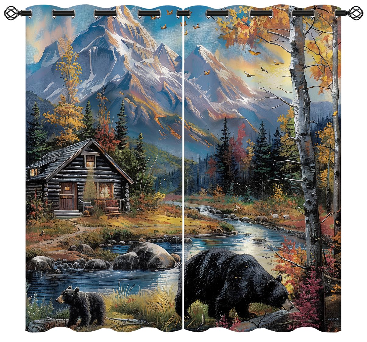 XINBADU Rustic Forest Cabin Blackout Curtains for Girls Boy Home Decor, Country Farmhouse Bear Grommet Thermal Insulated Drapes Darkening Window Curtain for Bedroom Living Room, 72 x 63 Inch