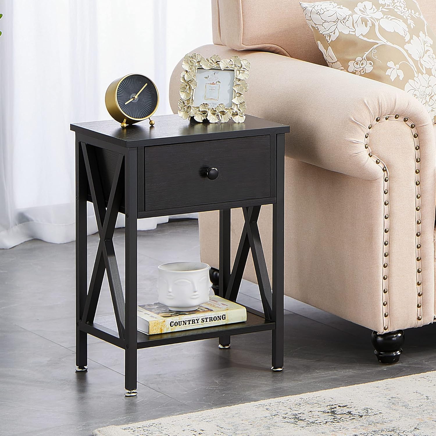VECELO Nightstand Modern Side End Tables Night Stand with Bin Drawer for Living Room Bedroom, Set of 2, Industrial Metal Frame, Nightstands, Vintage Black : Home & Kitchen