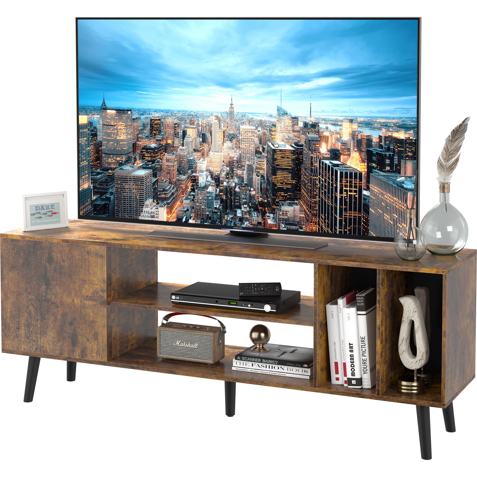 Yusong Mid Century Modern TV Console Table - 55/65 inch TV Stand with Storage, Rustic Brown Wood Cabinet for Living Room & Bedroom