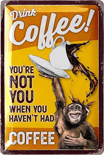 Letrero de café vintage  Beber café mono, divertidos letreros de cocina, decoración de metal de 12 x 8 pulgadas