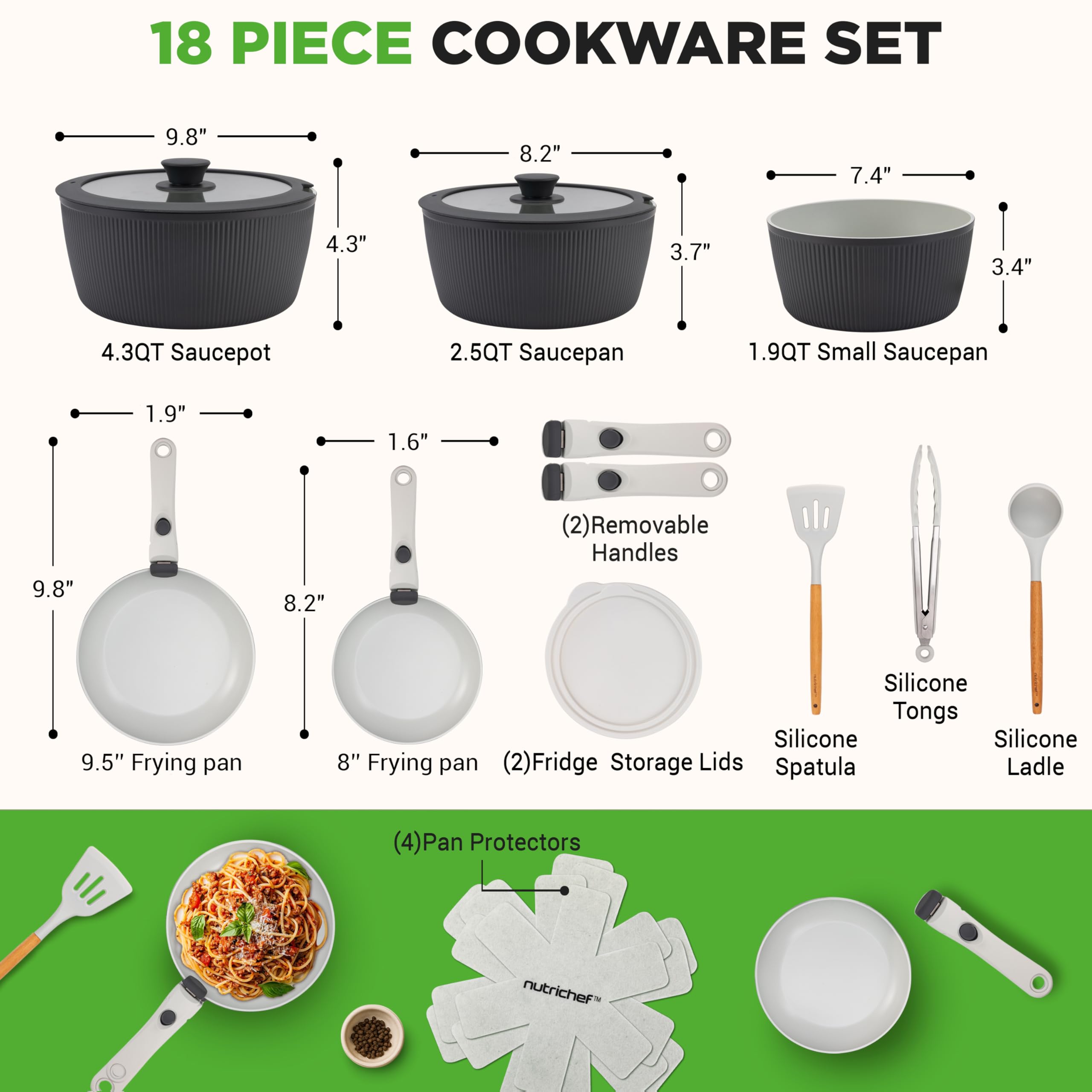 NutriChef Zestaw Naczyń Ceramicznych 18 Sztuk z Odczepianymi Rączkami, Patelnia i Garnki z Powłoką Nieprzywierającą, Powłoka Ceramiczna Bez PTFE, Oszczędność Miejsca, Do Pieca