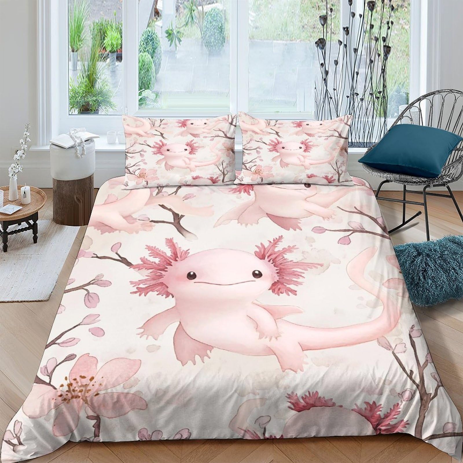 Ctjqhvkz Style-8 3D Printed Pink Axolotl Fitted Sheet Microfiber Bedroom Decor Cherry Blossom Bed Cover For Mattress Protection Single（135X200cm）