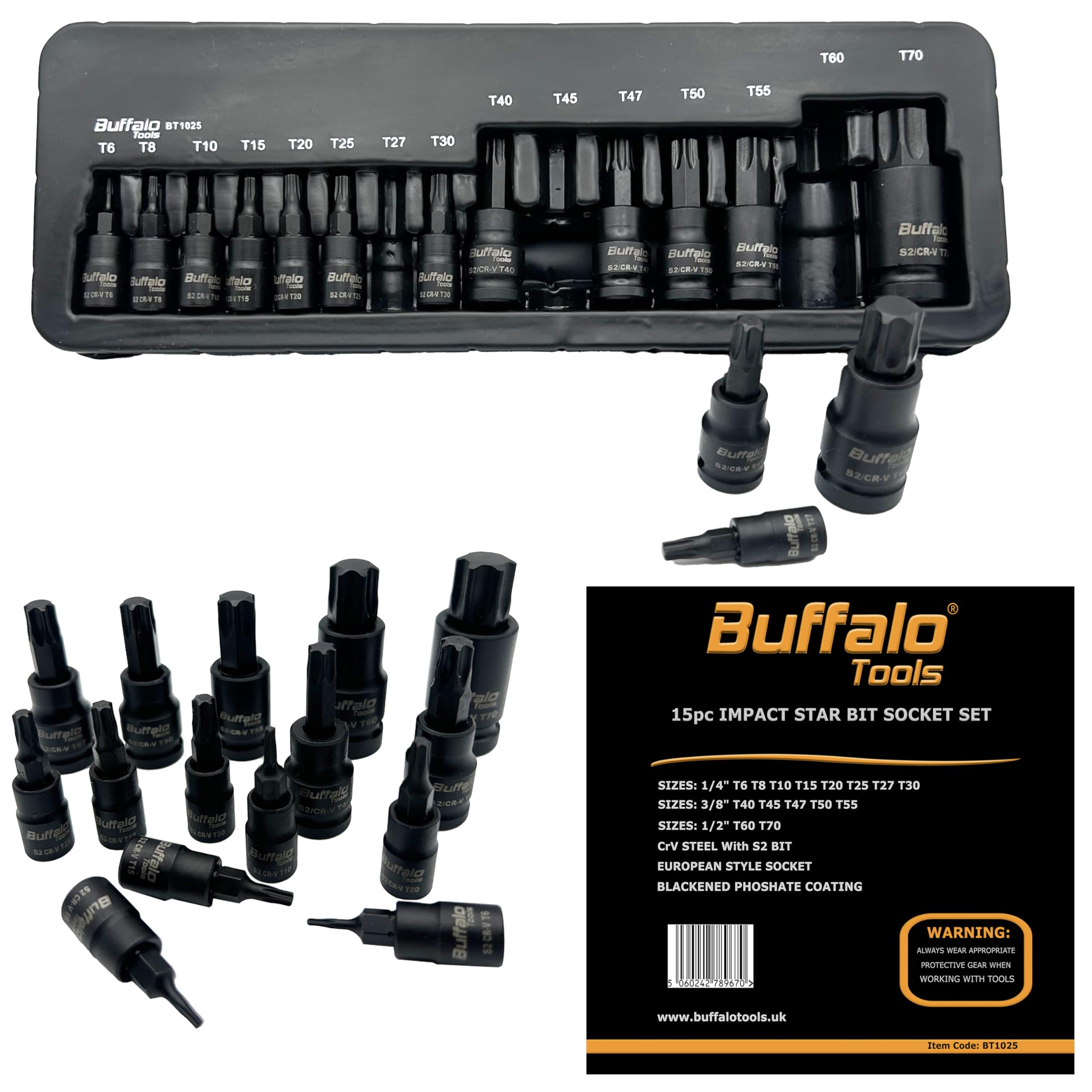 Buffalo Tools 15pc Torx Star Bit Sockets Set T6-T70, Durable Vanadium Steel, Rust Resistant Finish - Image 2