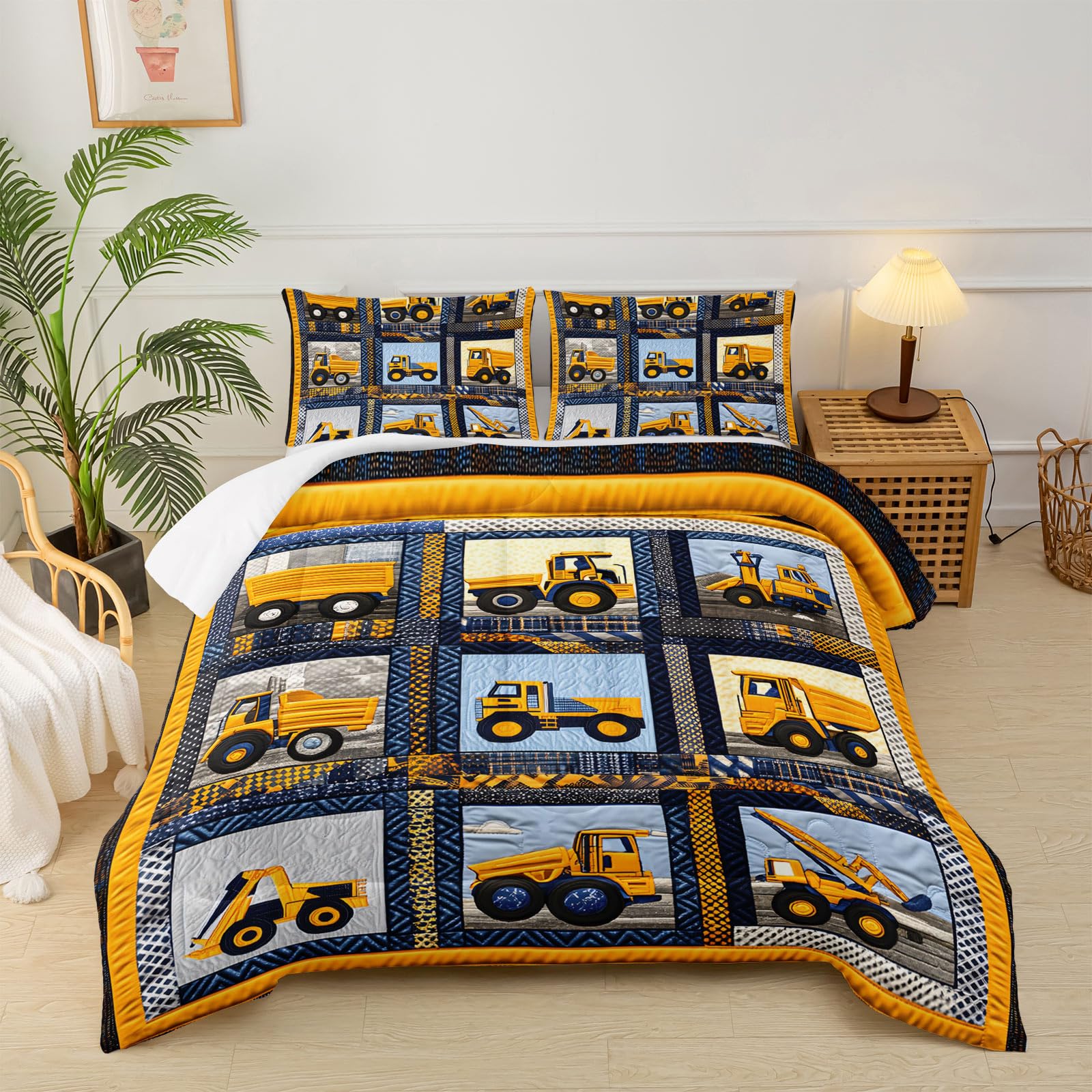Kids Excavator Comforter Set Queen,Boys Construction Vehicles Bedding Set, Yellow Geometric Grid Mechanic Truck Bedding Set,Soft Microfiber Cartoon Car Quilt Set for Children Room Decor