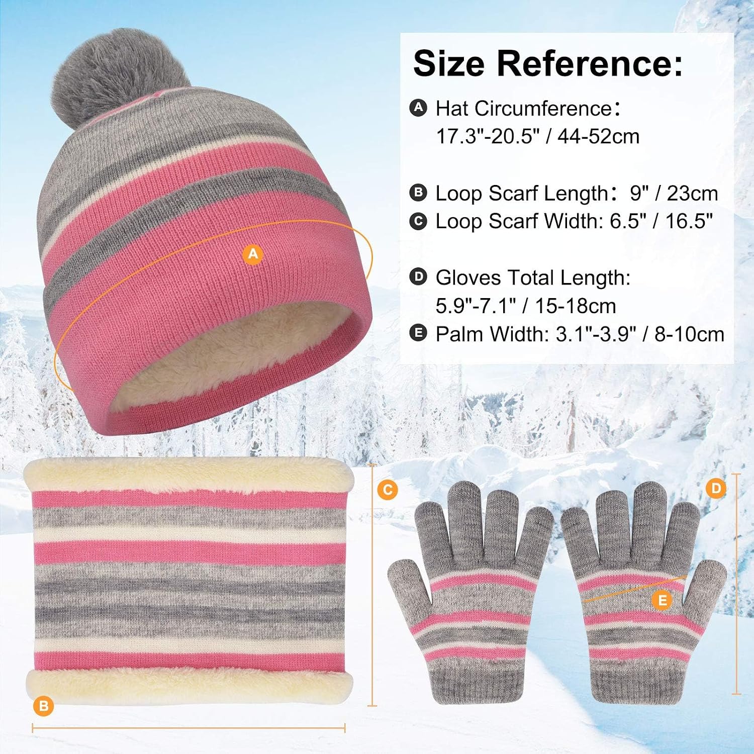 MAYLISACC Winter Kids Hat Scarf and Gloves 3Pcs Set for Boys and Girls Toddler Age 3-6, Striped Pom Beanie Glove Neck Warmer