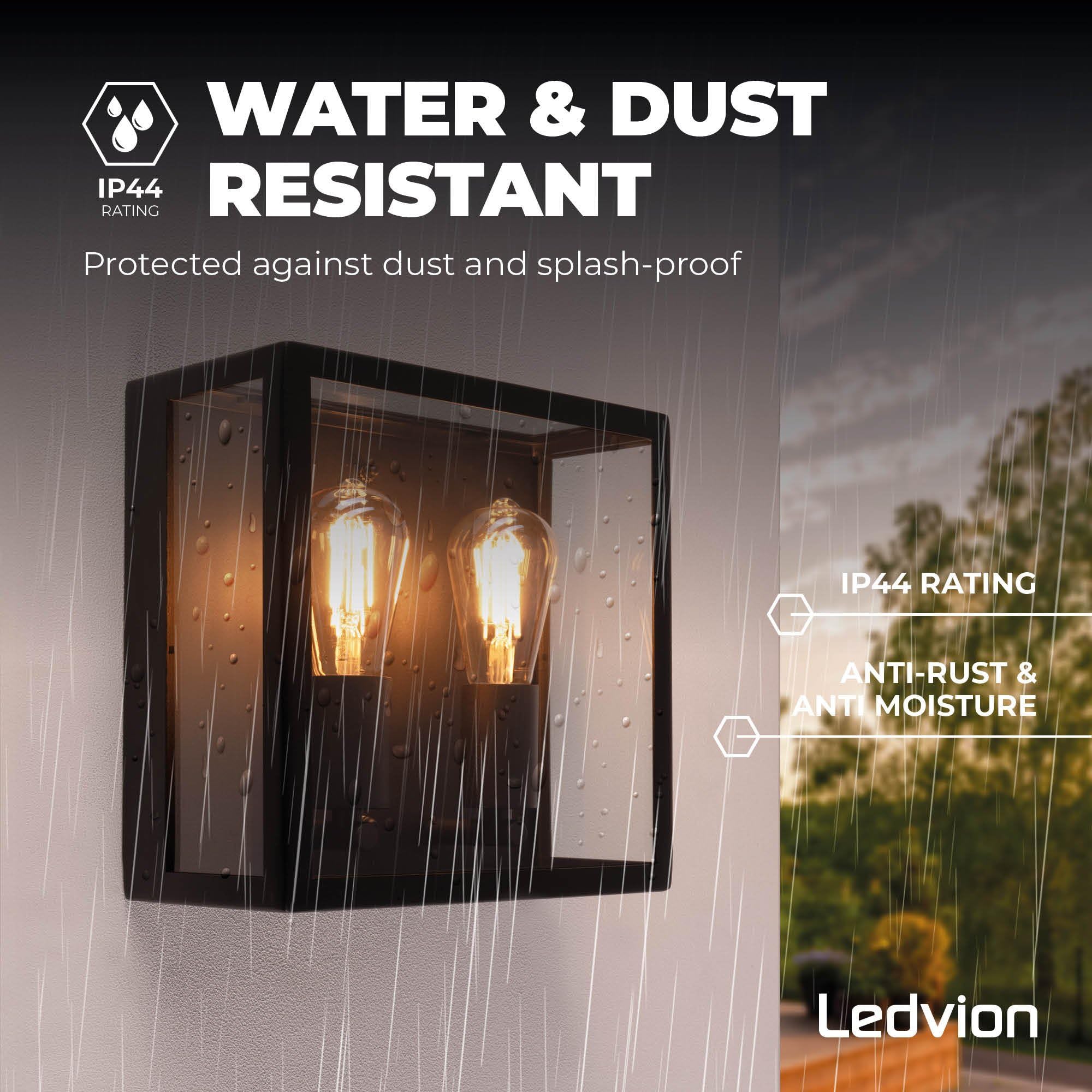 Ledvion - Lámpara de Pared LED, Casquillo E27, IP44, Negra, Para Dos Casquillos, Lámpara Exterior, Iluminación Exterior, Iluminación de Jardín