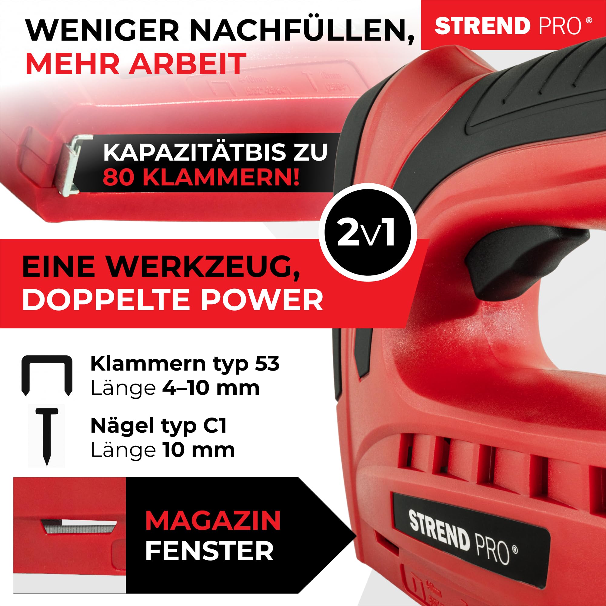 STREND PRO Akku Tacker 1,5Ah Tackerpistole Klammern Typ 53 (4-10 mm) Nägel Typ C1 (10mm) inkl. 400 Klammern 100 Nägel
