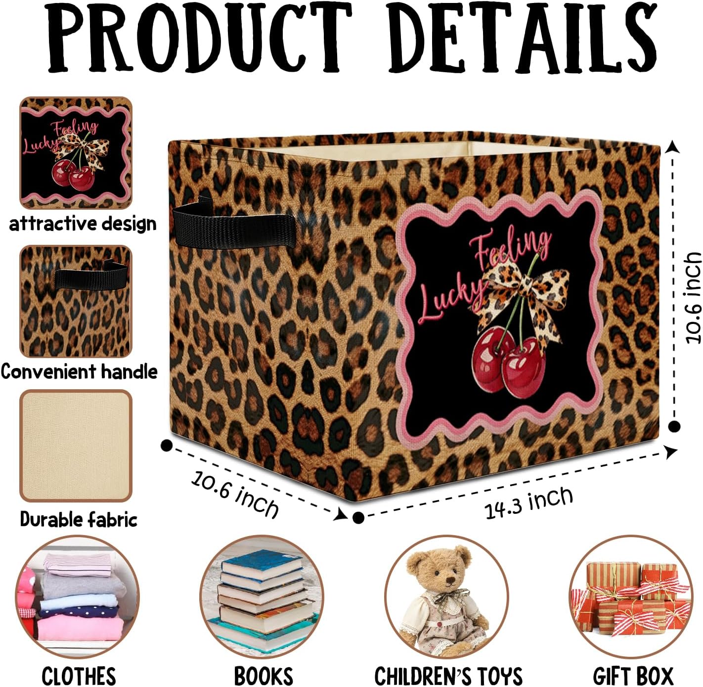 Coquette Bow Cherry Leopard Storage Bins Box with Handles, Trendy Cheetah Print Collapsible Basket Hamper Clothes Toys Organizer for Dorm Bedroom Bathroom Home
