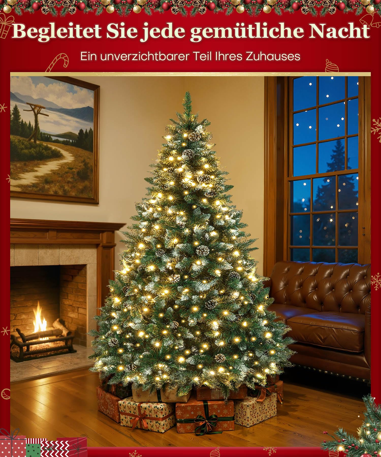 Yorbay künstlicher Weihnachtsbaum mit Beleuchtung und weißem Schnee, LED Tannenbaum für Weihnachten-Dekoration mit echten Tannenzapfen, Feuerbeständig (210CM)