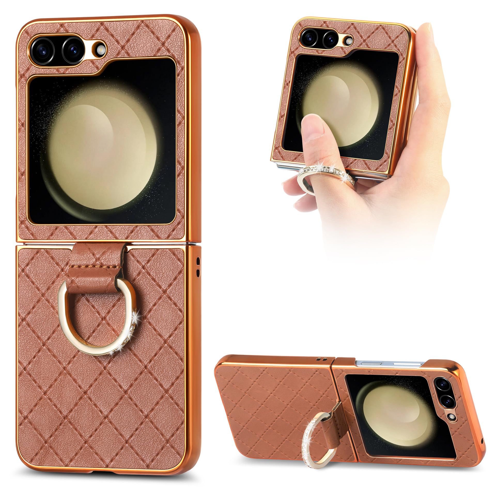 Custodia in Pelle per Samsung Galaxy Z Flip 5, Cover per Telefono elettrolitico di Lusso con Supporto per Anelli Scintillanti Guscio Sottile Protettivo Antiurto