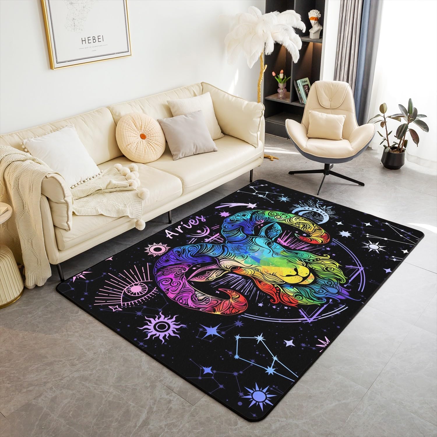 Manfei Aries Area Rug Trippy Astrology Sun Moon Star Floor Mats, 12 Constellations Zodiac Decorative Rug for Living Room, Kids Boys Girls Room Decor, Absorbent Carpets, 6'6" x 4'11" (Rectangular)