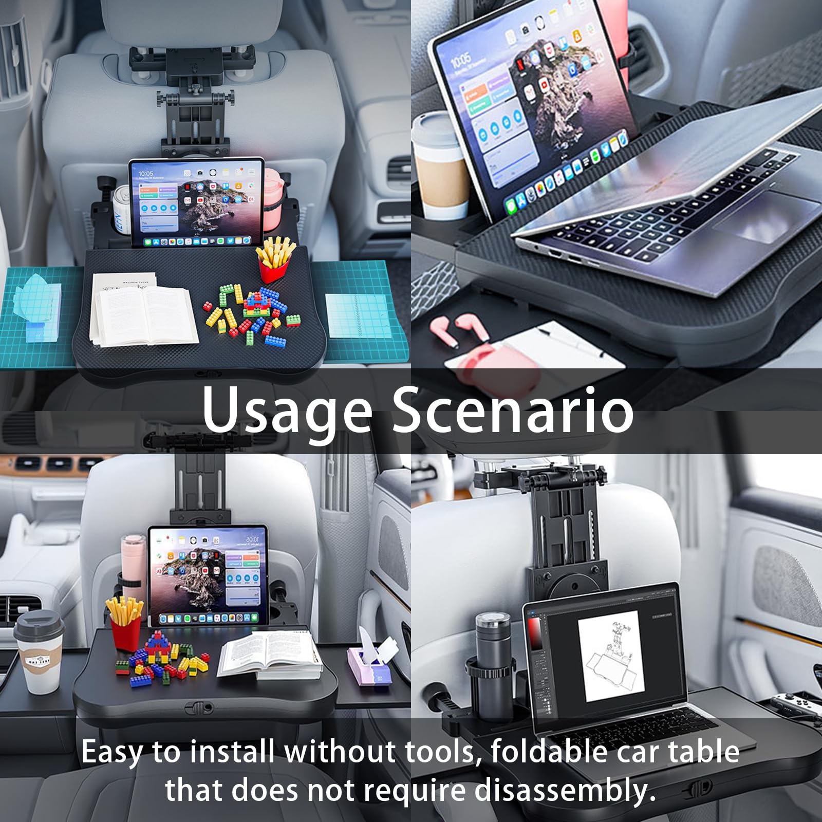 Tavolo da Pranzo per Sedile Posteriore Passeggero, Tavolino Regolabile per Sedile Posteriore Auto Vassoio per Cibo per Auto con Porta Bevande e Supporto per Cellulare Portata 15-20 kg