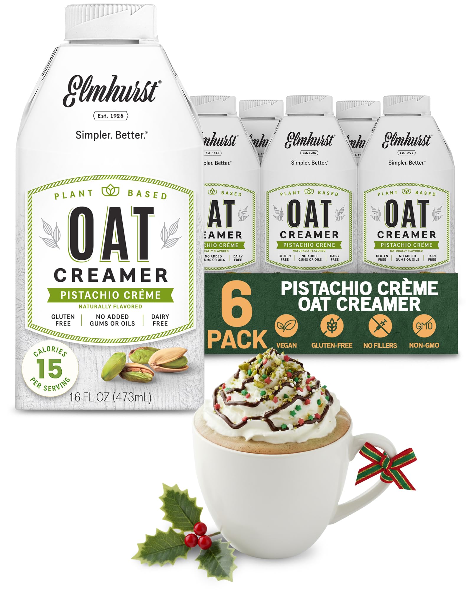 Elmhurst 1925 Pistachio Crème Oat Creamer - 16 Ounce (Pack of 6) Dairy-Free, Vegan, Kosher, Low Sugar, Shelf Stable Creamer Made with Oat Grains & Pistachios for Simpler Plant Based Alternatives
