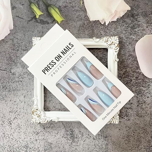 Miniatura 6 de Uñas postizas azules, uñas postizas a presión de almendra, uñas acrílicas medianas con punta francesa, uñas postizas brillantes con diseños para