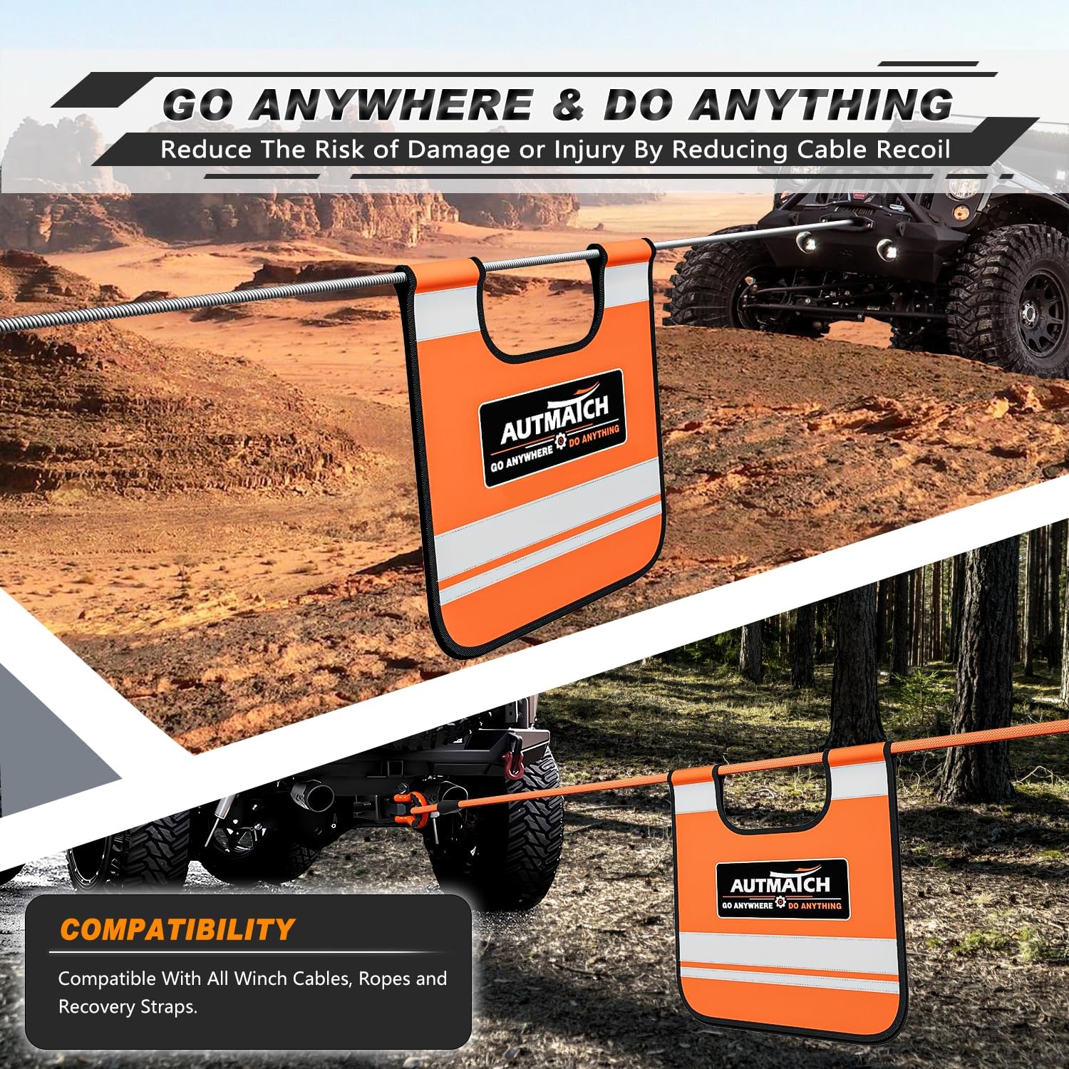 AUTMATCH Kinetic Recovery Tow Rope 7/8" x 20FT with Winch Cable Damper, Heavy Duty Offroad Snatch Strap 35000Lbs for 4x4 Off-Road Vehicle, Truck, Trailer, ATV, UTV, Orange