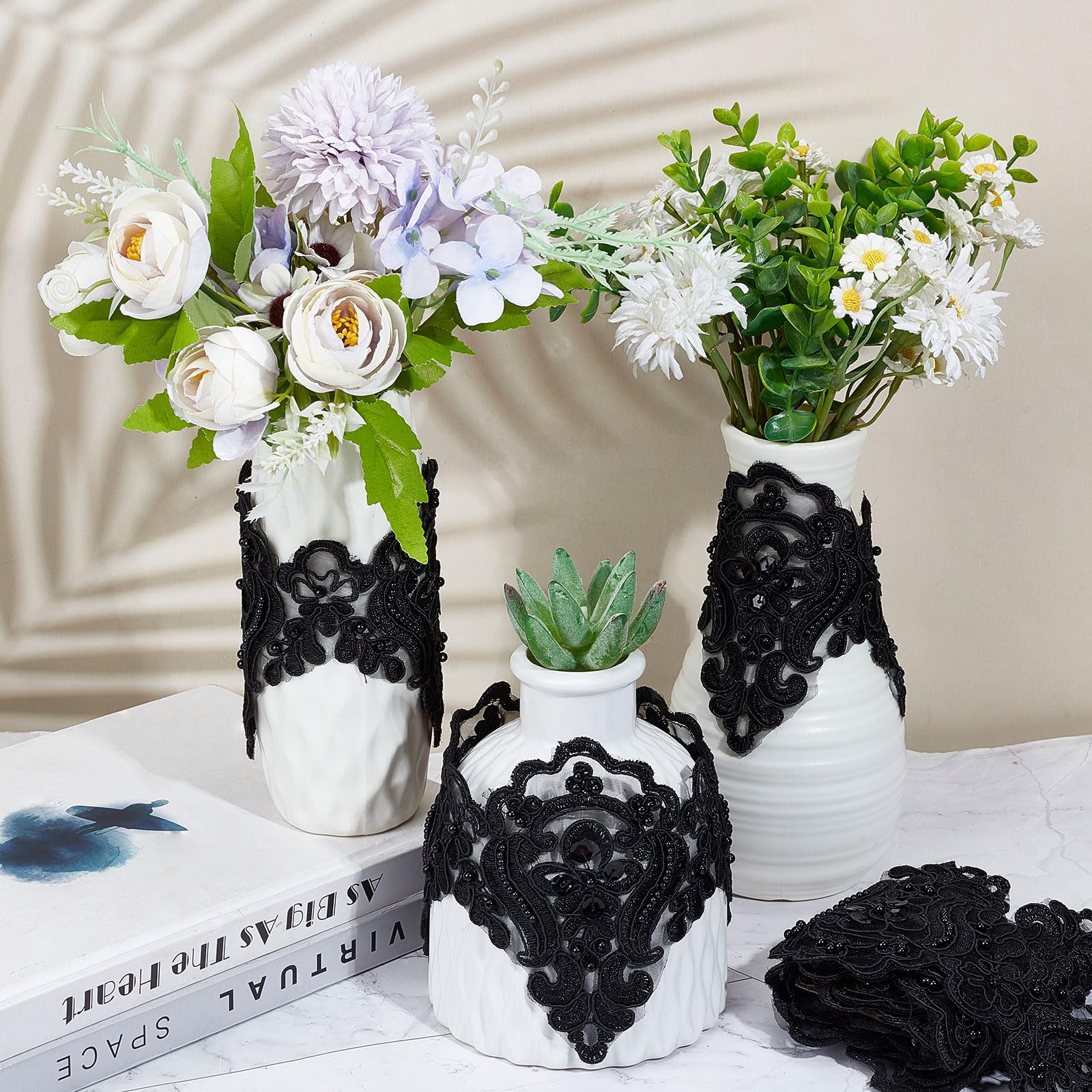 GORGECRAFT 3 iarda Nero Poliestere Pizzo Rifiniture Ricamo Anelastico Fiore Ricamato Nastro Perline Motivo A Onde Nastri per Cucito Artigianato Tenda Tovaglia Fodera Nuziale Fai Da Te Panno