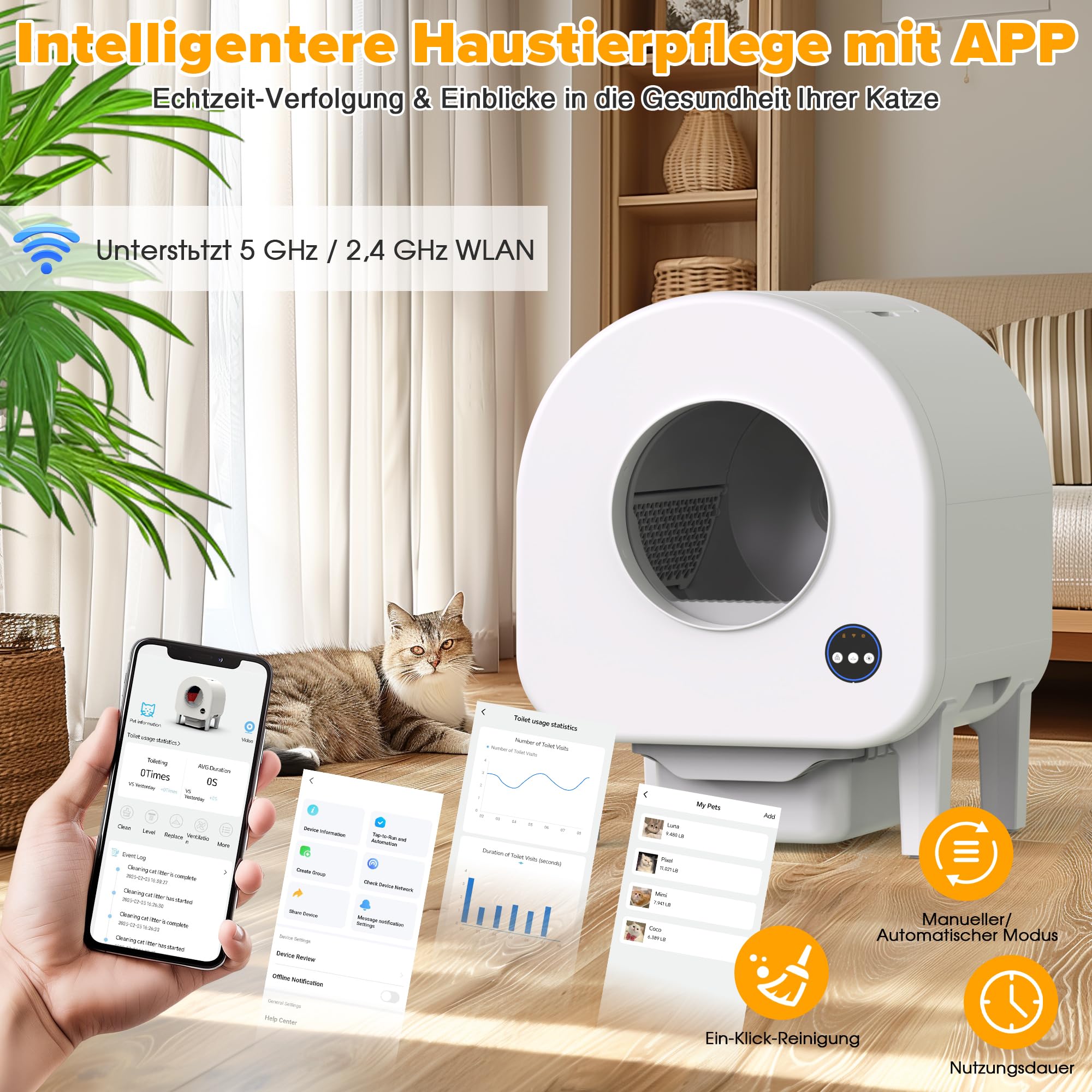 Elektrisches Katzenklo 90L, Selbstreinigende Katzentoilette Intelligente App Steuerung