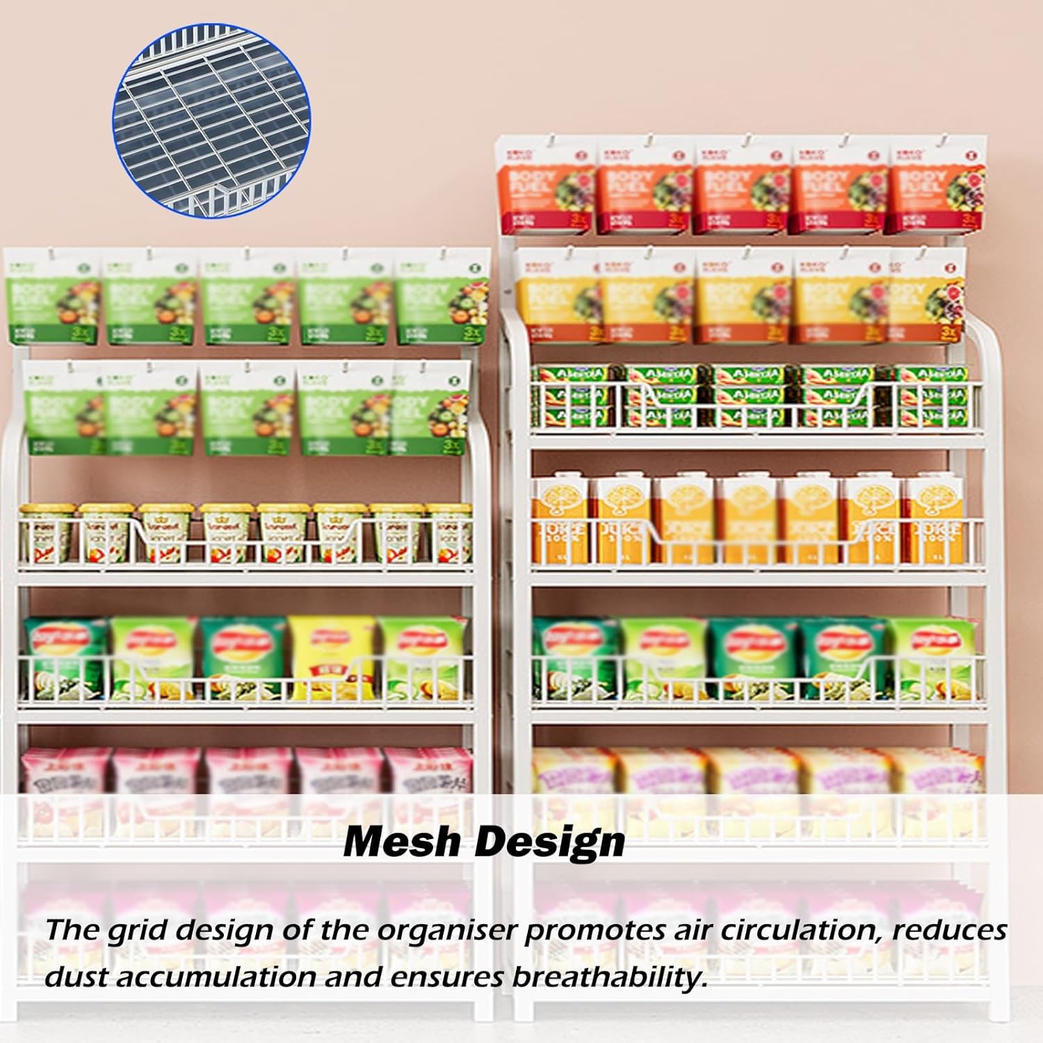 Steel Snack Shelf for Home Pantry & Retail Display, 4-Tier Chip Bag Organizer with Guardrail, Commercial Grade Storage Rack (White, 60cm/23.6in)