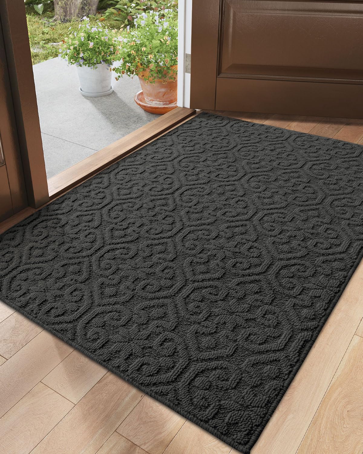 DEXI Front Door Entryway Mat Non Slip, Washable Inside Entrance for House Floor Low Profile, Thin Entry Doormat Absorbent Dirt Trapper, 32x48 Dark Grey 2'8" x 4' (Rectangular) Dark Grey
