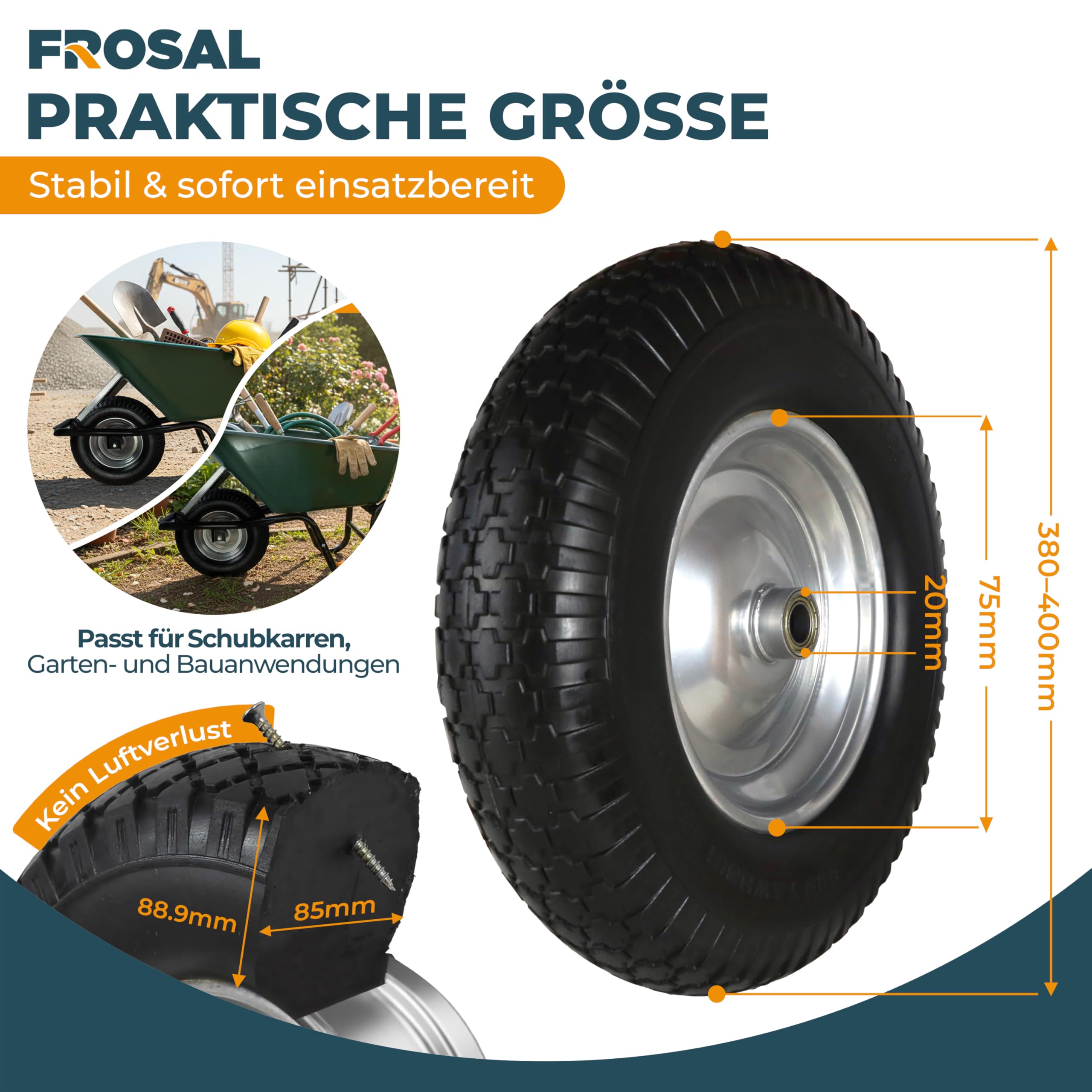 FROSAL PU Schubkarrenrad 400 mm pannensicher – Ersatzrad 4.80/4.00-8 mit 20 mm Achse – Ø ca. 380–400 mm, Breite ca. 100 mm, Stahlfelge silber mit Kugellager