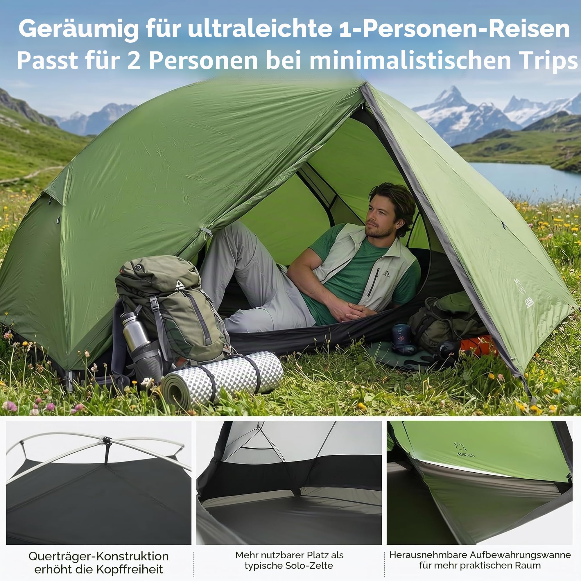 ATEPA 1 Person Ultraleicht Rucksackzelt Wasserdicht Einzelperson Camping Zelt Doppelschicht Solo Zelt für Camping Wandern Rucksackreisen