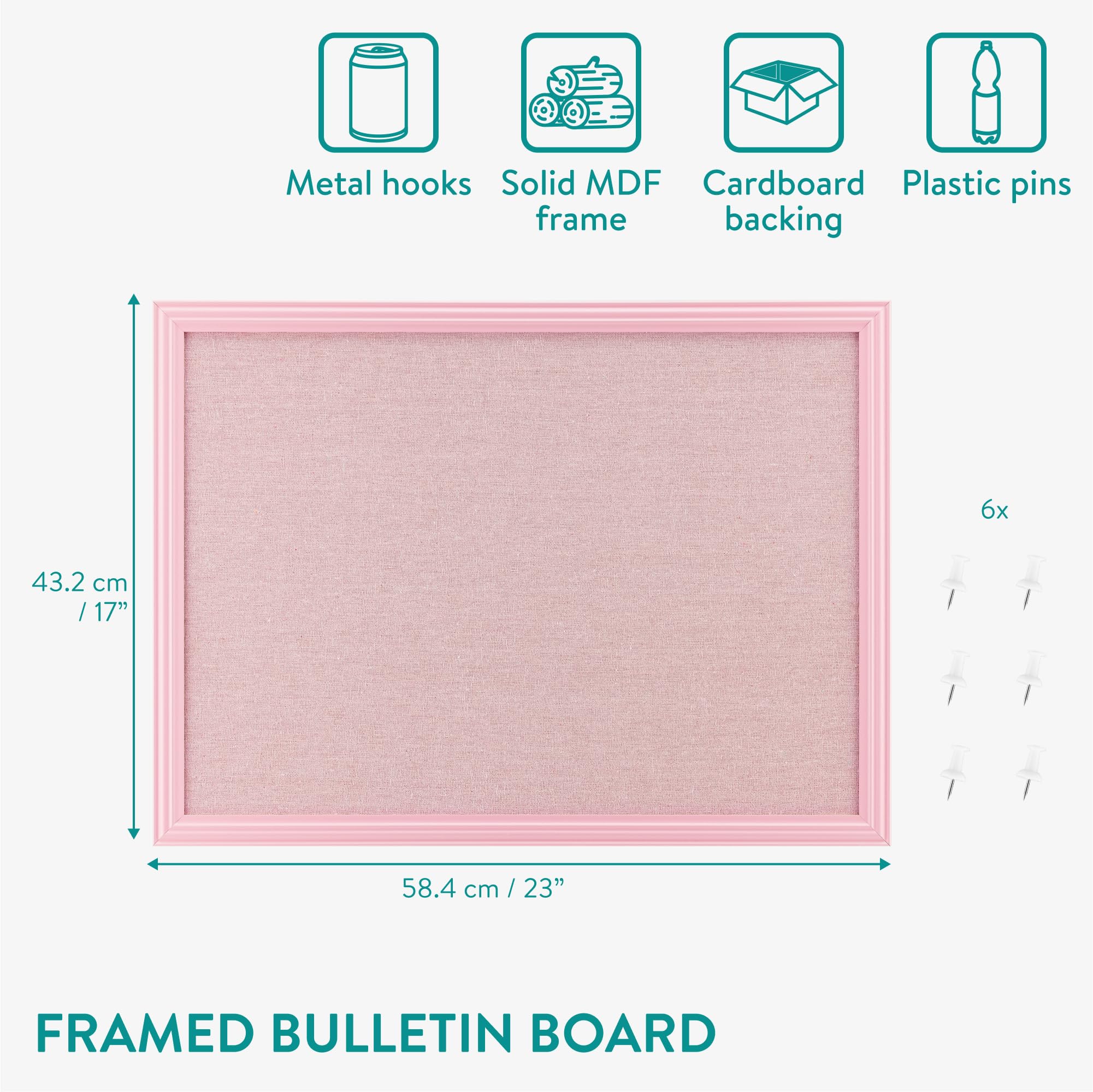 Navaris Tablero colgante rosa para fotos - Cartelera de pared de felpa para colgar joyas y notas - Con 6x chincheta y marco de MDF - 58 x 43 cm