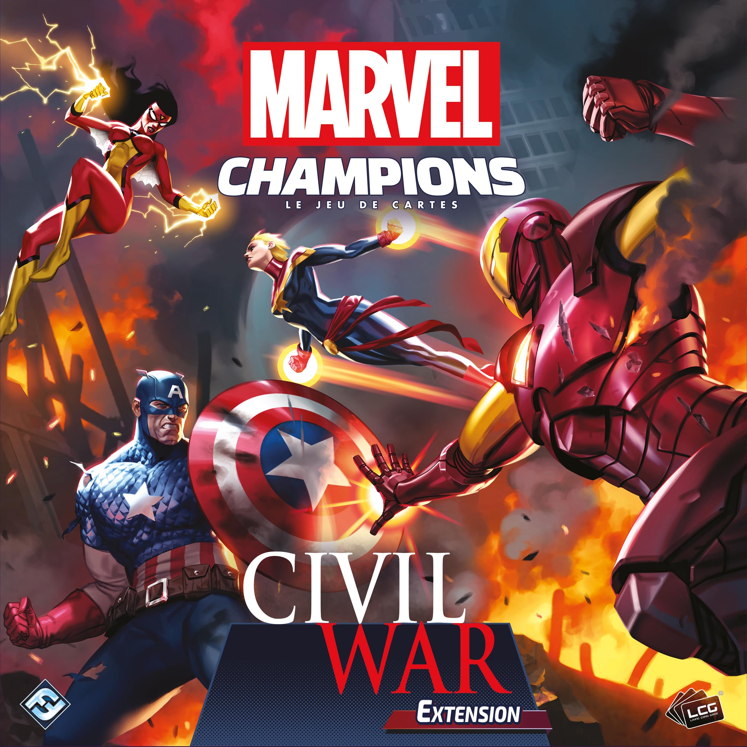 Asmodee Marvel Champions: Civil War – FFG – Extensión de Juego de Cartas cooperativo – 2 Decks preconstruidos – 4 escenarios para enfrentar a los Vengadores – Versión Francesa