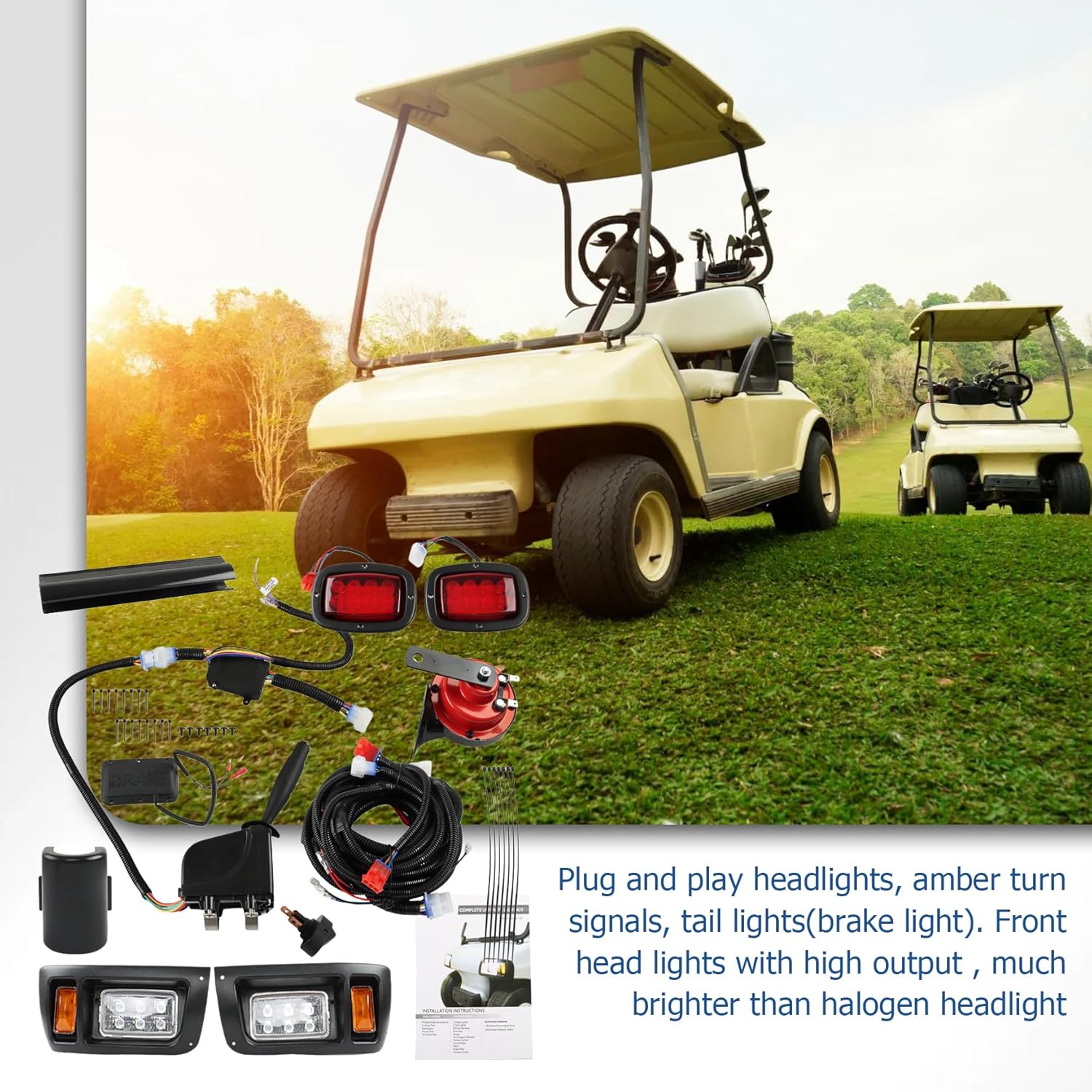 WFLNHB Golf Cart Light Kit Replacement for DS Club Car 1993-Up, Full Headlight Taillight Kit with Daytime Running Lamp Turn Signal Horn Brake Pad Hazard Blinker