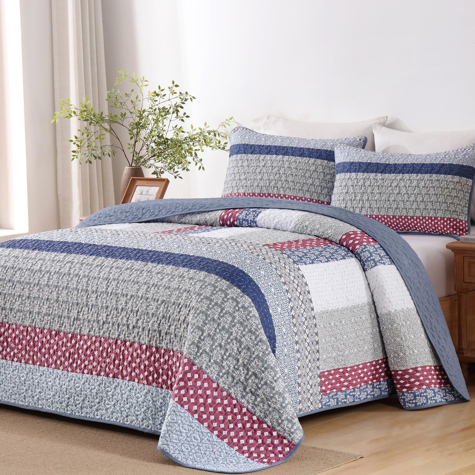 WONGS BEDDING Boho Quilt King Size, Patchwork Bedding Set, Blue Red