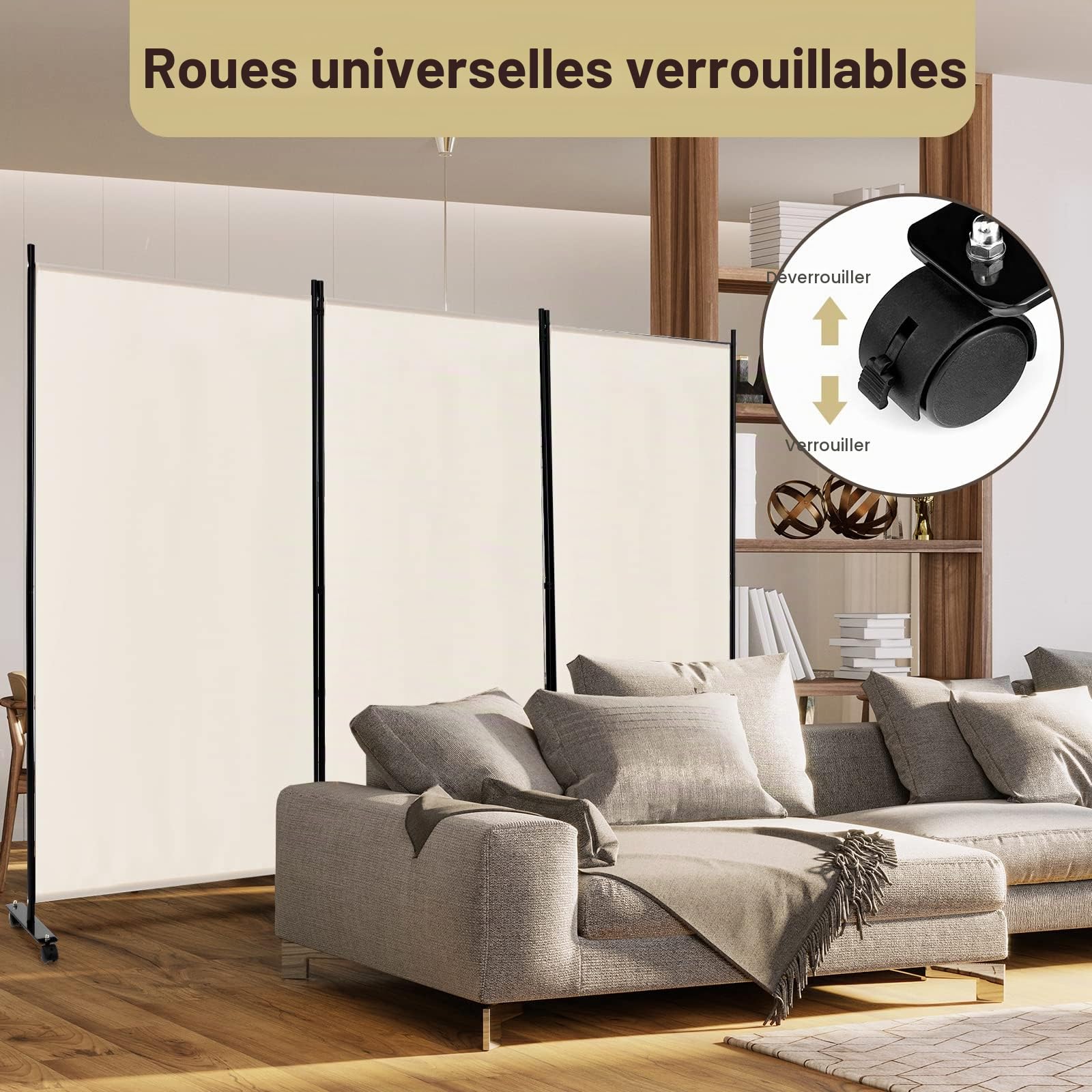 FANTASK Paravent à roulettes en Tissu - Paravent Pliable en 3 Parties - Brise-Vue pour Plus de flexibilité et d'intimité - Beige