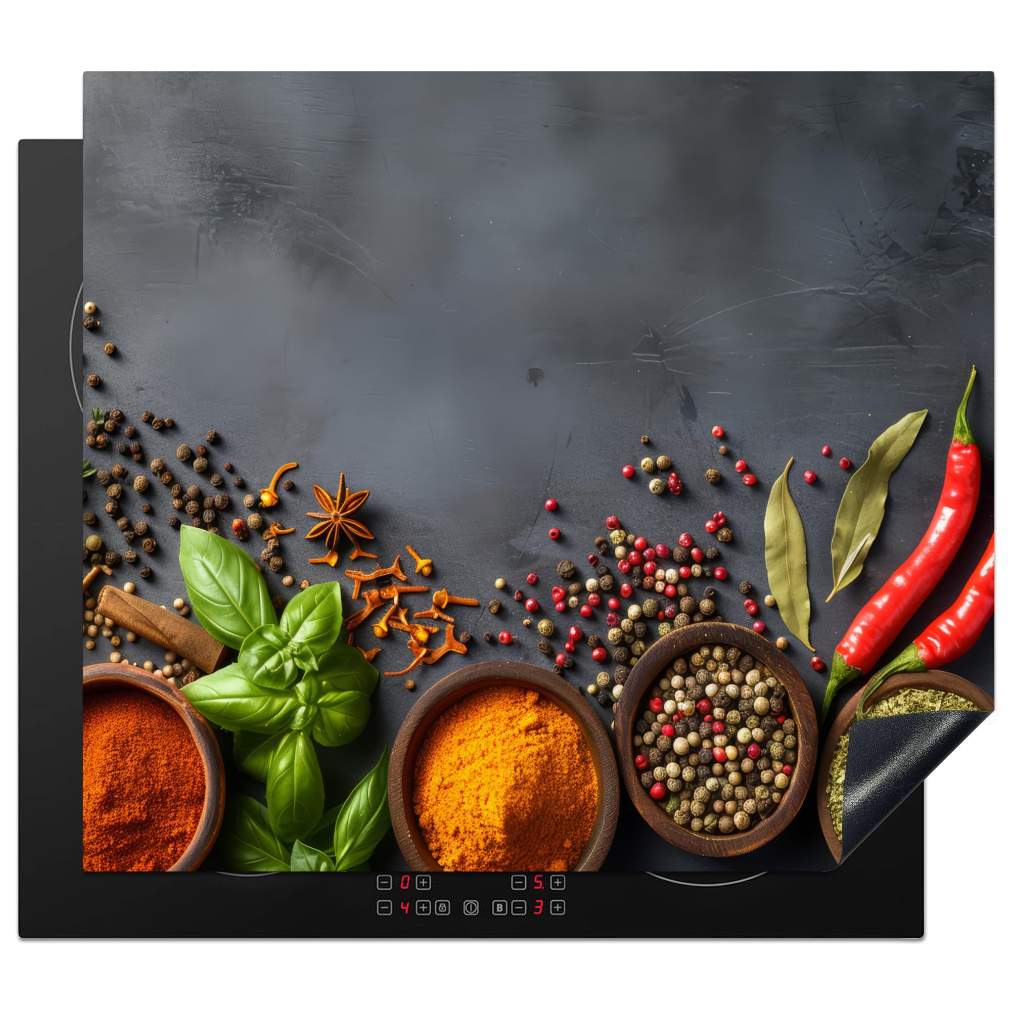 KitchenYeah© Induction Hob Protector Mat 20.5"x23.6" / 60x52 cm Stove Cap Top Cover Kitchen Cooker Covers for Electric Hobs Vinyl Herbs - Concrete - Spices - Pepper — image 1