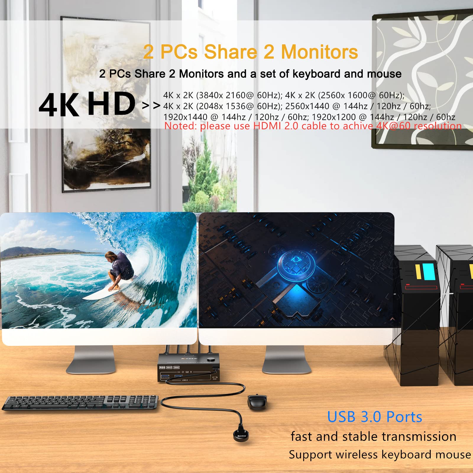 Dual Monitor HDMI KVM Switch 2 Poort, 4K@60Hz Uitgebreid Beeldscherm KVM-switch HDMI 2 in 2 uit met Audiomicrofoonuitgang en 3 USB-poorten, PC Monitor Toetsenbord Muis Switcher