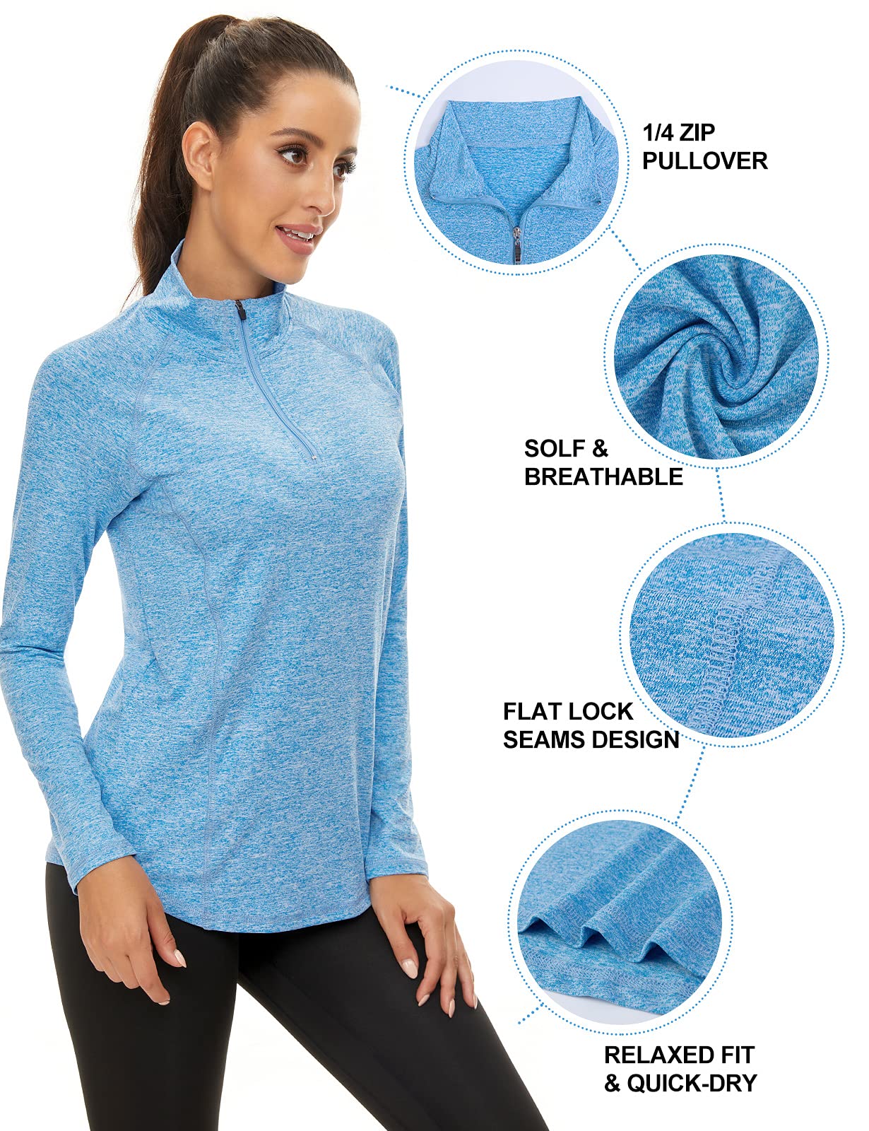 Akiooue Langärmliges Laufshirt für Damen Golf Fitness und Yoga Poloshirt 1/4 Reißverschluss UPF 50+ Atmungsaktives schnell trocknendes T-Shirt