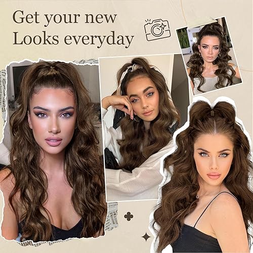 Miniatura 6 de Extensión de cola de caballo sintética ondulada de 26 pulgadas de largo, para mujer, mezcla de marrón medio, rubio natural