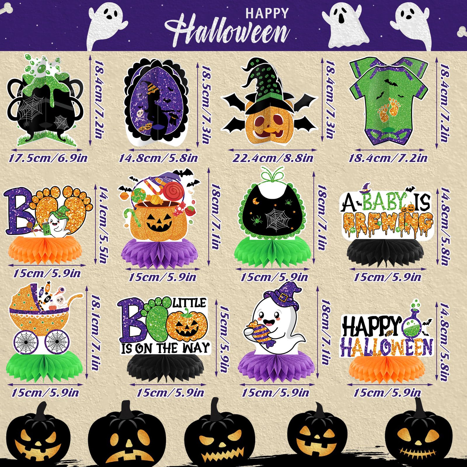 12 Pcs Halloween Baby Shower Centerpieces - A Baby Is Brewing Honeycomb Decorations For Gender Reveal