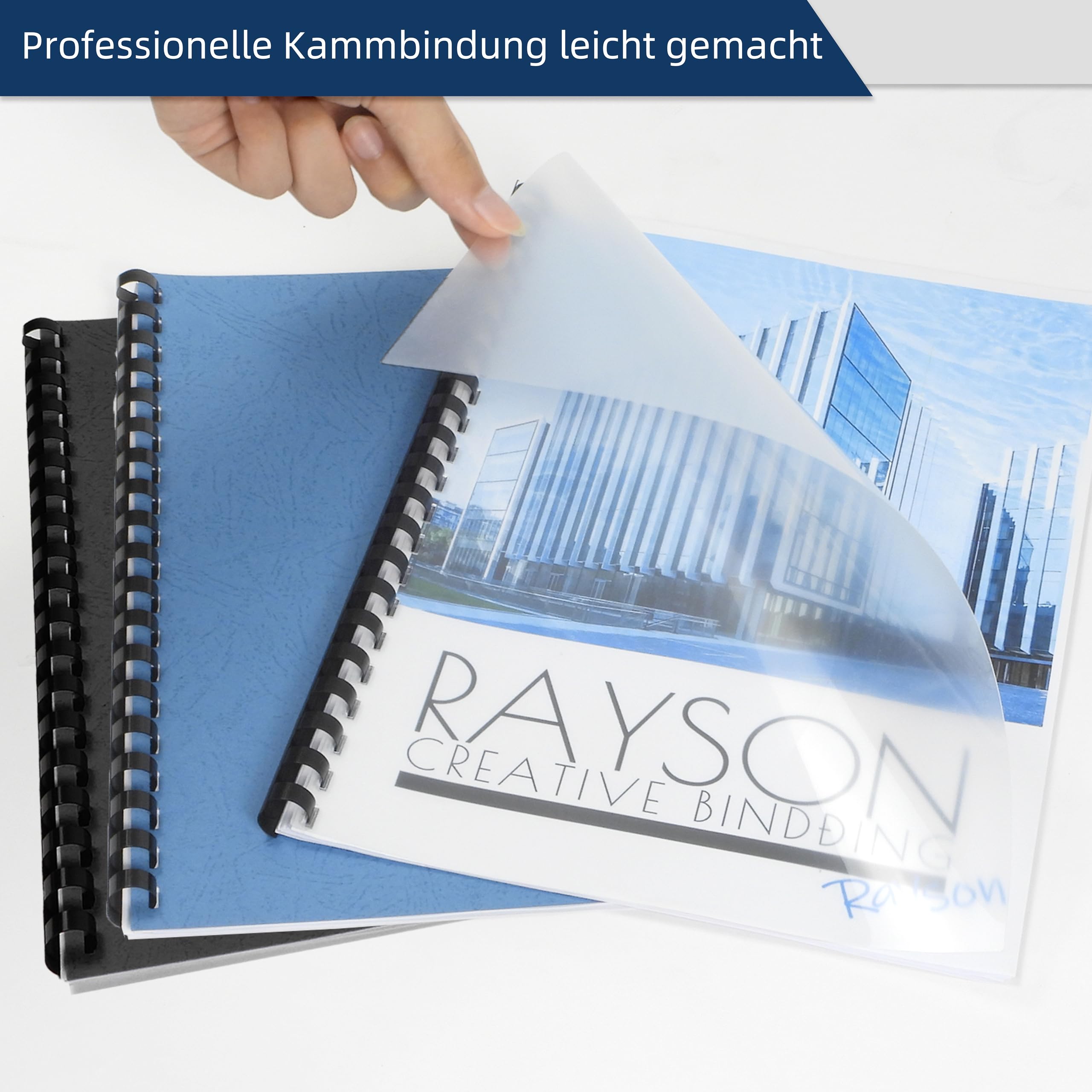 RAYSON Kammbinde-Set, 40 Binderücken (6, 8, 10, 12 mm), 20 Transparente Kunststoffeinband (150 Mikron), 10 Schwarze und 10 Blaue Deckblätter mit Ledertextur
