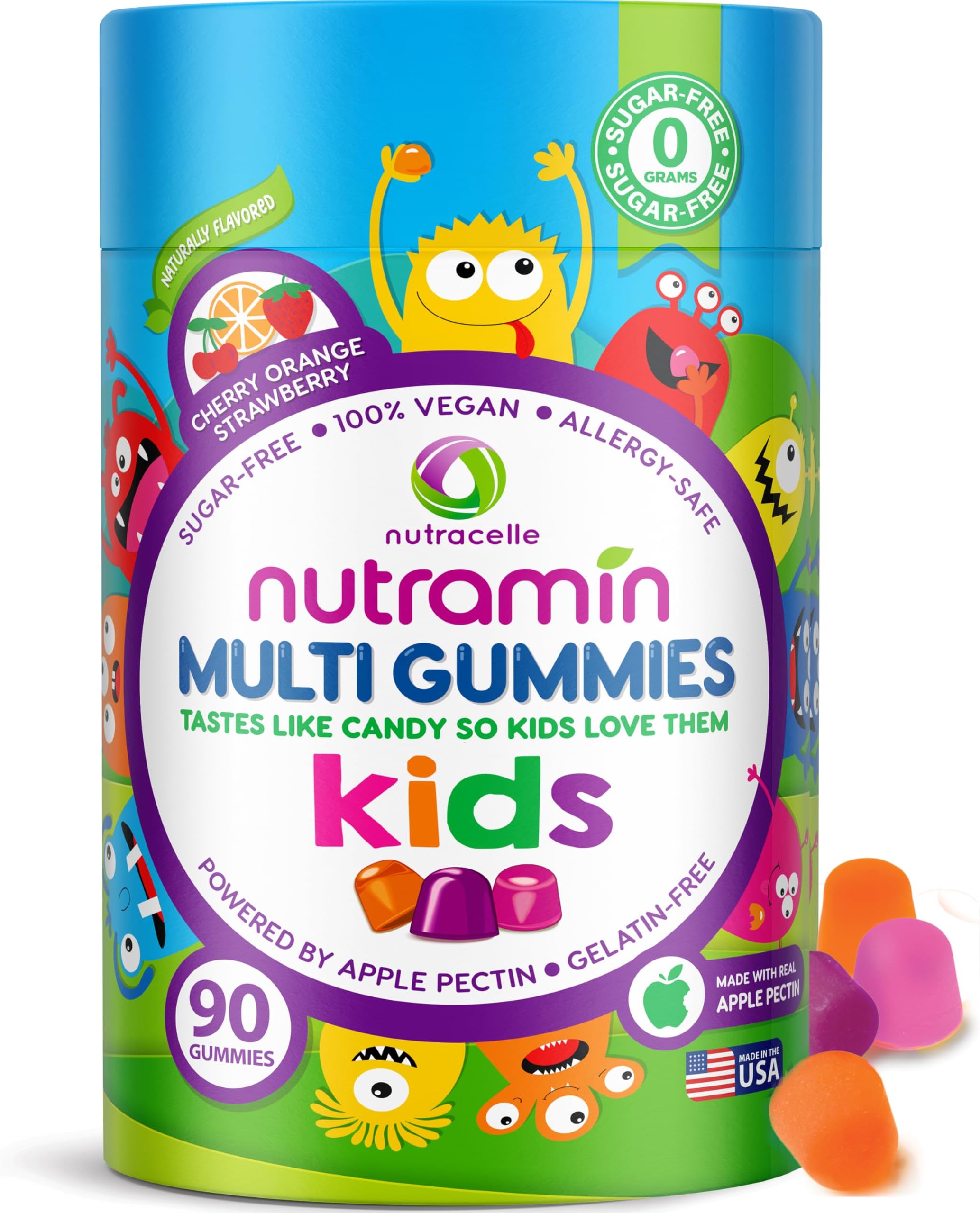 Nutracelle NUTRAMIN Sugar-Free, Allergen-Free 100% Vegan Gummy Multivitamins for Kids - Great Tasting Natural Gummies Your Kids Will Love - 90 Count Bottle