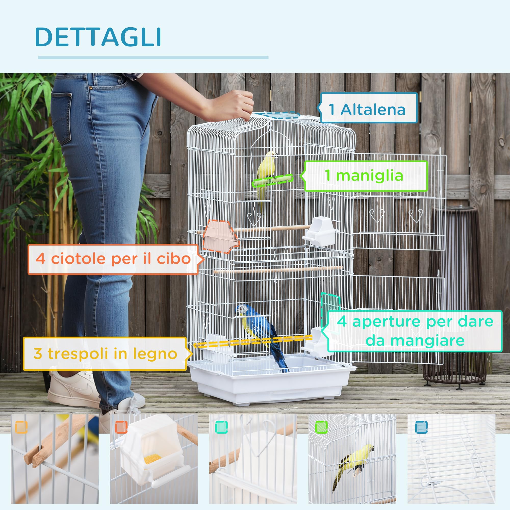PawHut Gabbia per Uccelli Portatile con Maniglia, Vassoio Estraibile e Porte, Voliera per Pappagallini con Posatoi in Legno, Altalena e Ciotole per Cibo, 46.5x35.5x92cm, Bianco