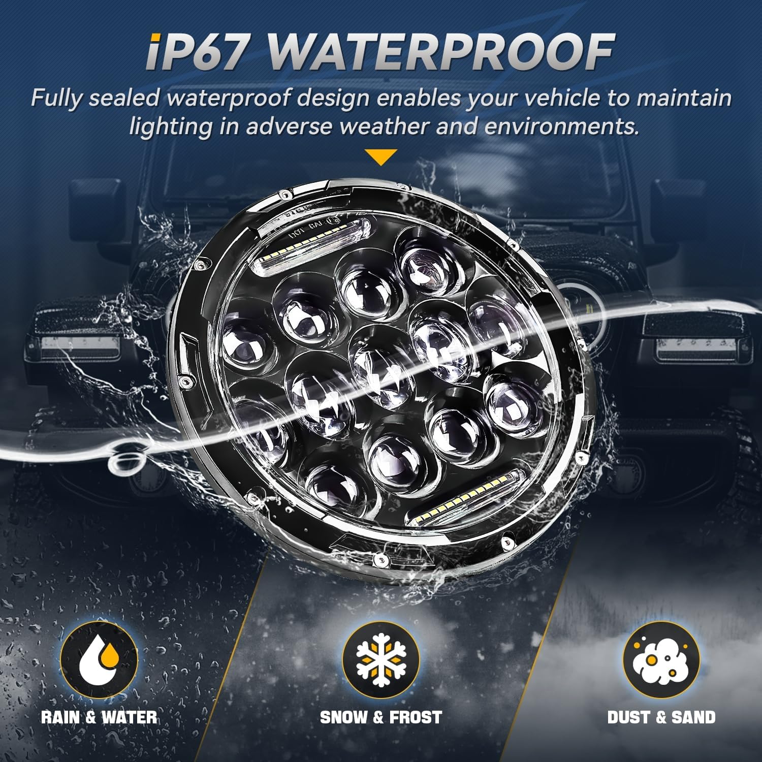 Auto Dynasty LED DRL Headlights Assembly Compatible with 1959-2018 Jeep Wrangler JK TJ CJ Miata Hummer, Pair of Headlamps Replacement w/Full LED 6000K Bug Eyed Projector Hi/Lo Beam, Black Housing