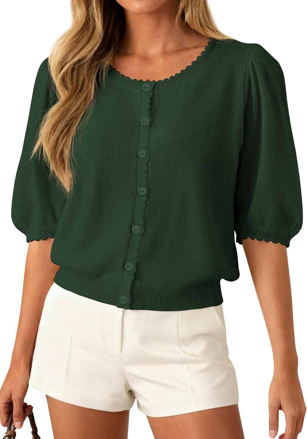 PRETTYGARDEN Puff Short Sleeve Cardigans for Women Lightweight 2026 Summer Shirts Button Up Knit Sweater Tops Spring Clothes