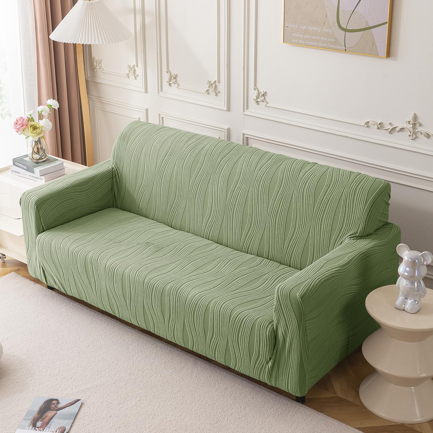 House of Quirk Universal Jacquard Waterproof Crizzle Pattern Fabric Sofa Cover Soft Touching Cover for Couch Flexible Stretch Sofa Slipcover (Three Seater, Green)-image-16