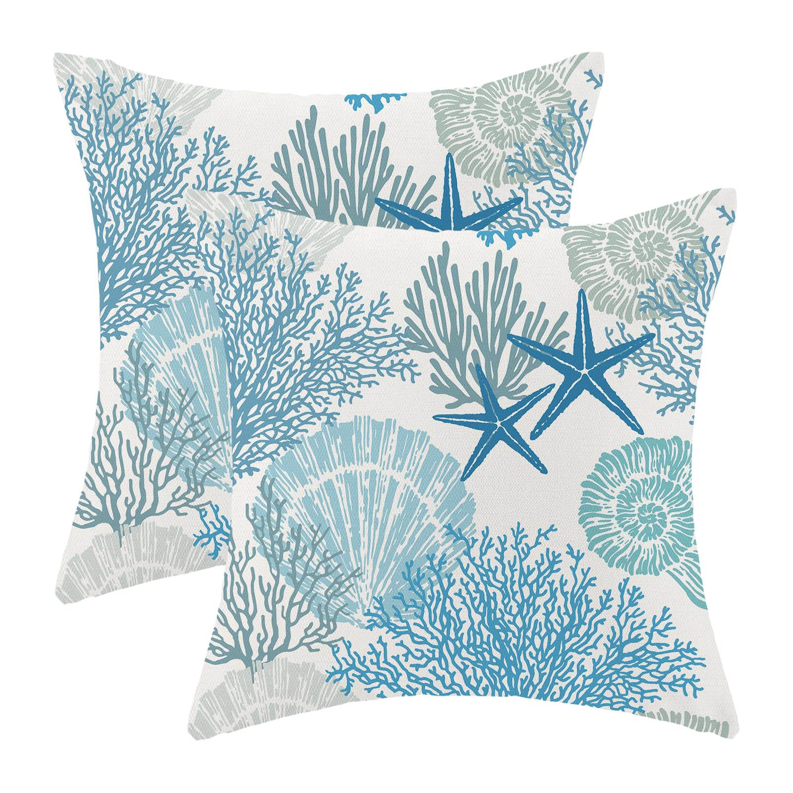 CXMEIFLY Navy Blue Summer Outdoor Coastal Pillow Covers 20x20 Inch Set of 2 Aqua Teal Seashell Starfish Coral Throw Pillows Ocean Themed Beach