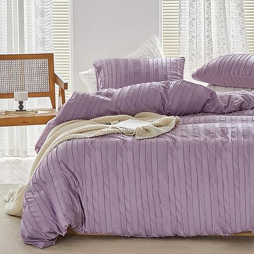 WARMDERN Juego de funda de edredón morada, tamaño Queen, funda de edredón texturizada a rayas, juego de ropa de cama bohemio, 3 piezas, funda de