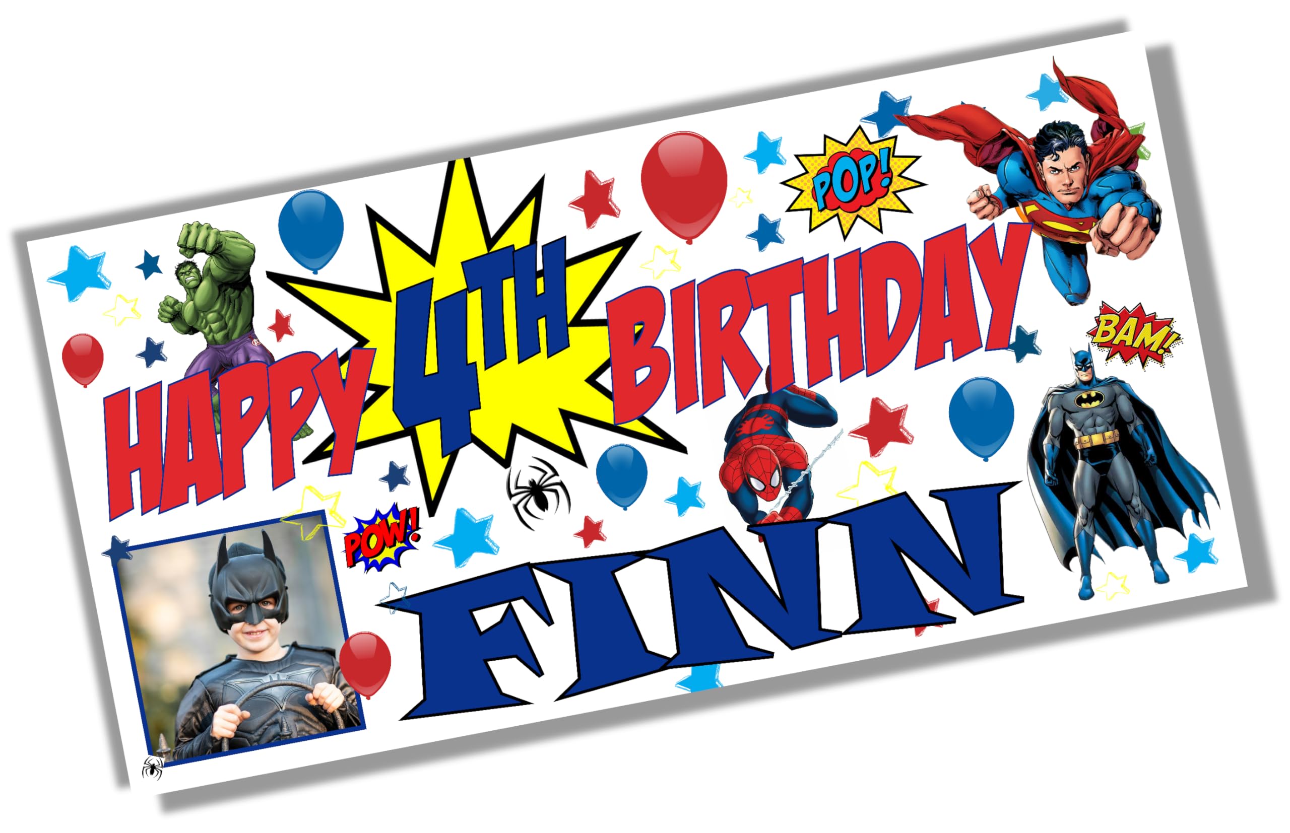 Personalised Birthday Banner for Boys Superhero Party Decorations Customised with Your Name Age and Photo - Large 4ft x 2ft — image 1