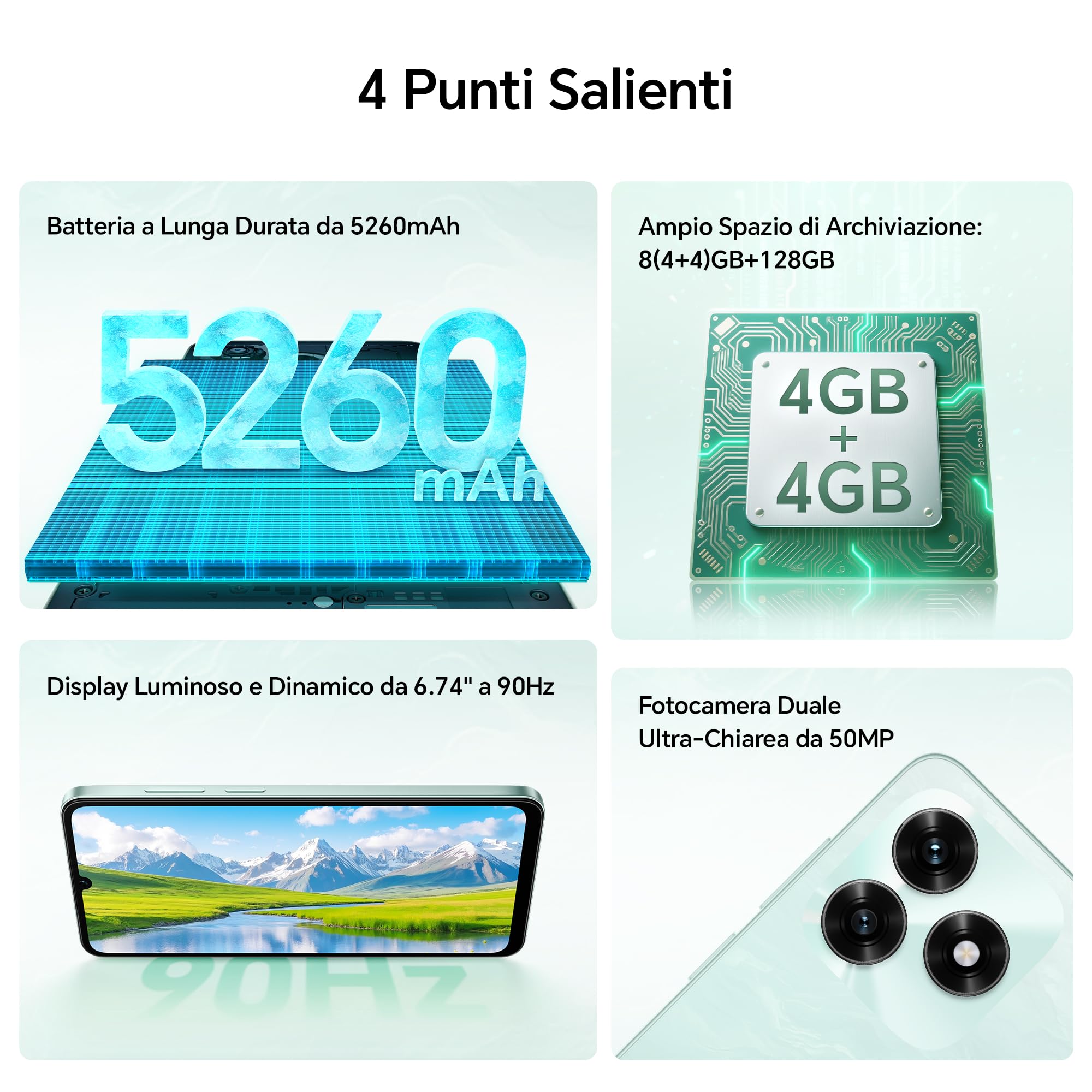 HONOR X5c Plus Smartphone,5260 mAh, 4G RAM/128G telefono con Display 6,74 pollici 90 Hz, Fotocamera 50+5MP, Android 15, Octa-core cellulare impronta digitale e riconoscimento facciale, Ocean Cyan