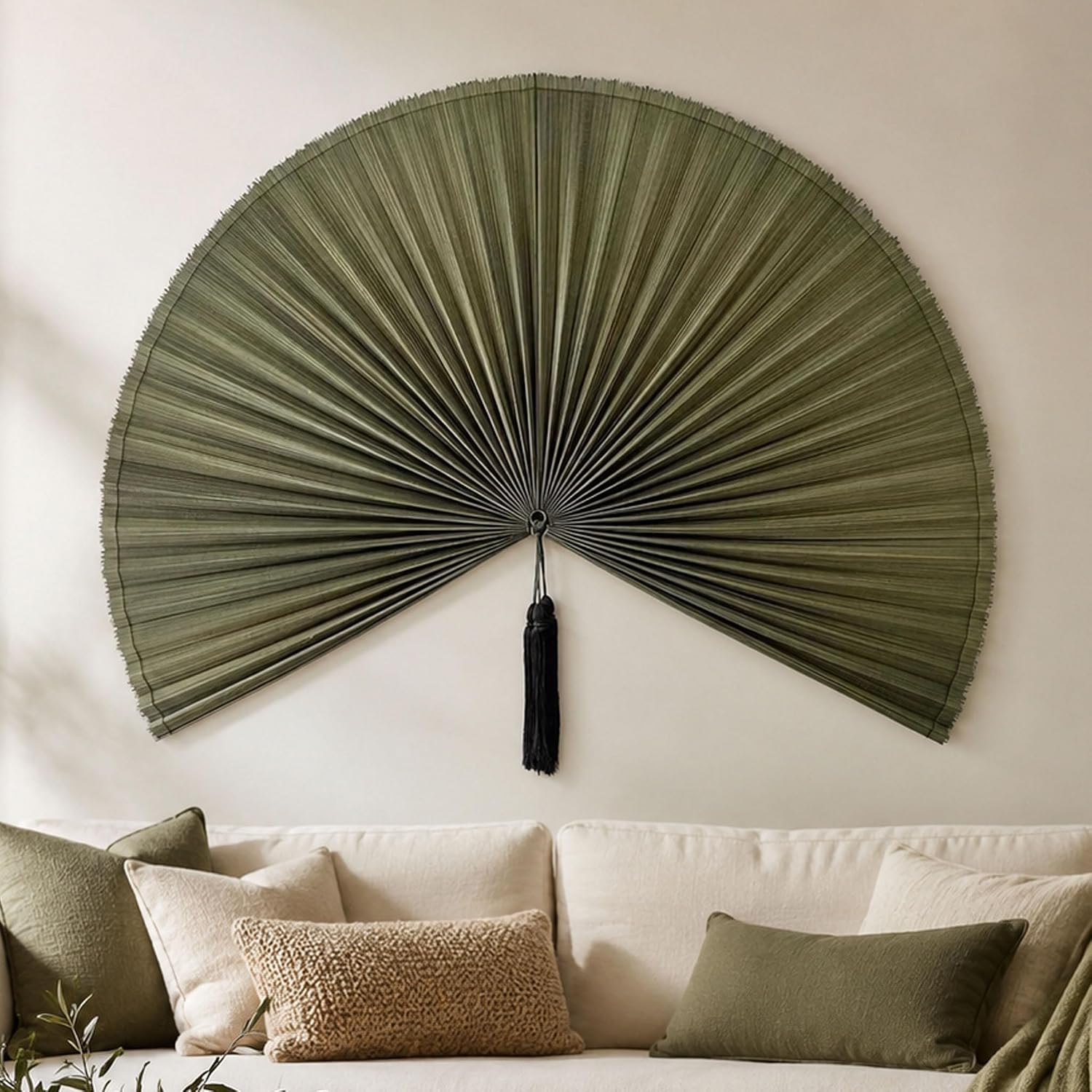 Large Bamboo Wall Fan Decor, Hand Woven Boho Fan with Tassel, Above Bed