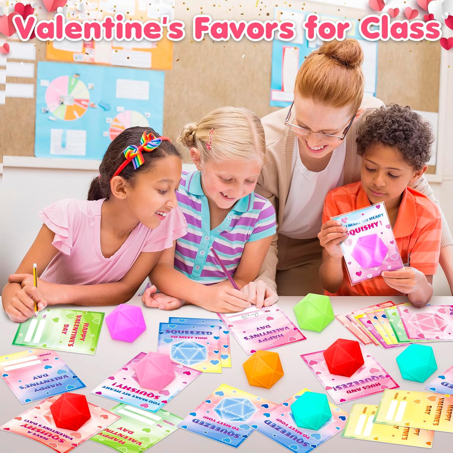 Valentines Day Cards for Kids School, 24 Pack Stress Ball Stretchy Toys with Greeting Cards, Valentine Day Party Favors for Boys Girls, Ideal Exchange Cards for Classroom
