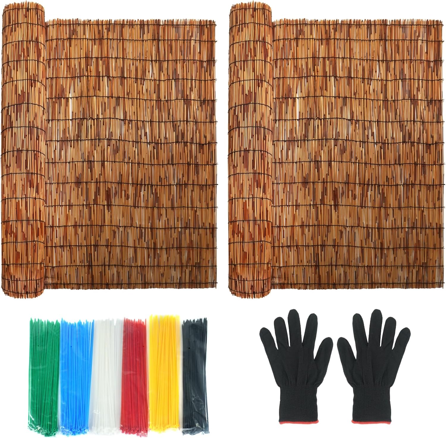 2 Pcs Natural Reed Bamboo Fencing Roll with 300 Pcs Multicolor Nylon Cable Ties Cord 3.3 ft x 13.3 ft Bamboo Privacy Screen Curtain for Indoor Outdoor Window Balcony Garden(Dark Brown)