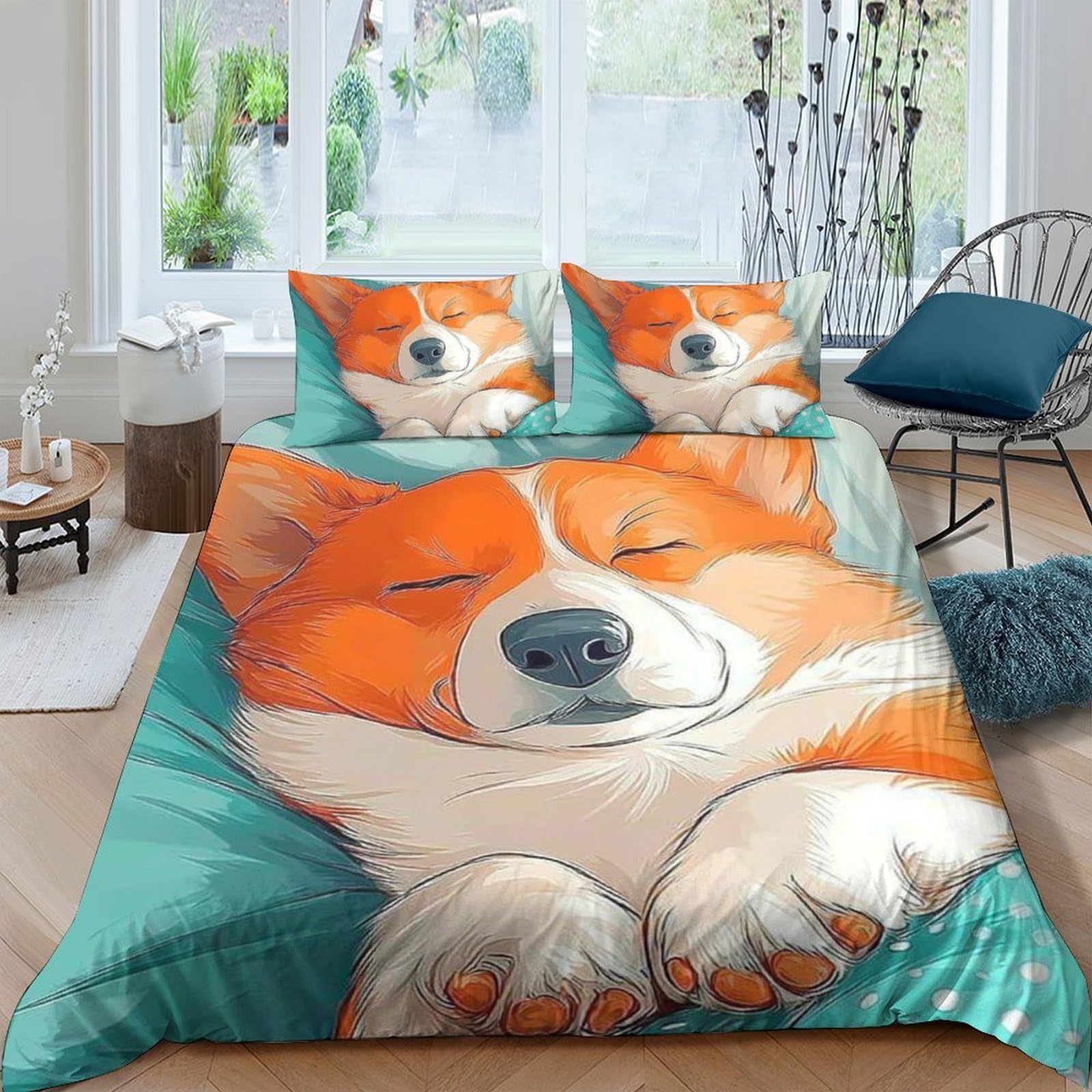 Ctjqhvkz Style-1 3D Printed Corgi Dog Fitted Sheet Microfiber Soft Anti-Slip Animal Pattern Bed Cover For Bedroom Dorm Decor Single（135X200cm）