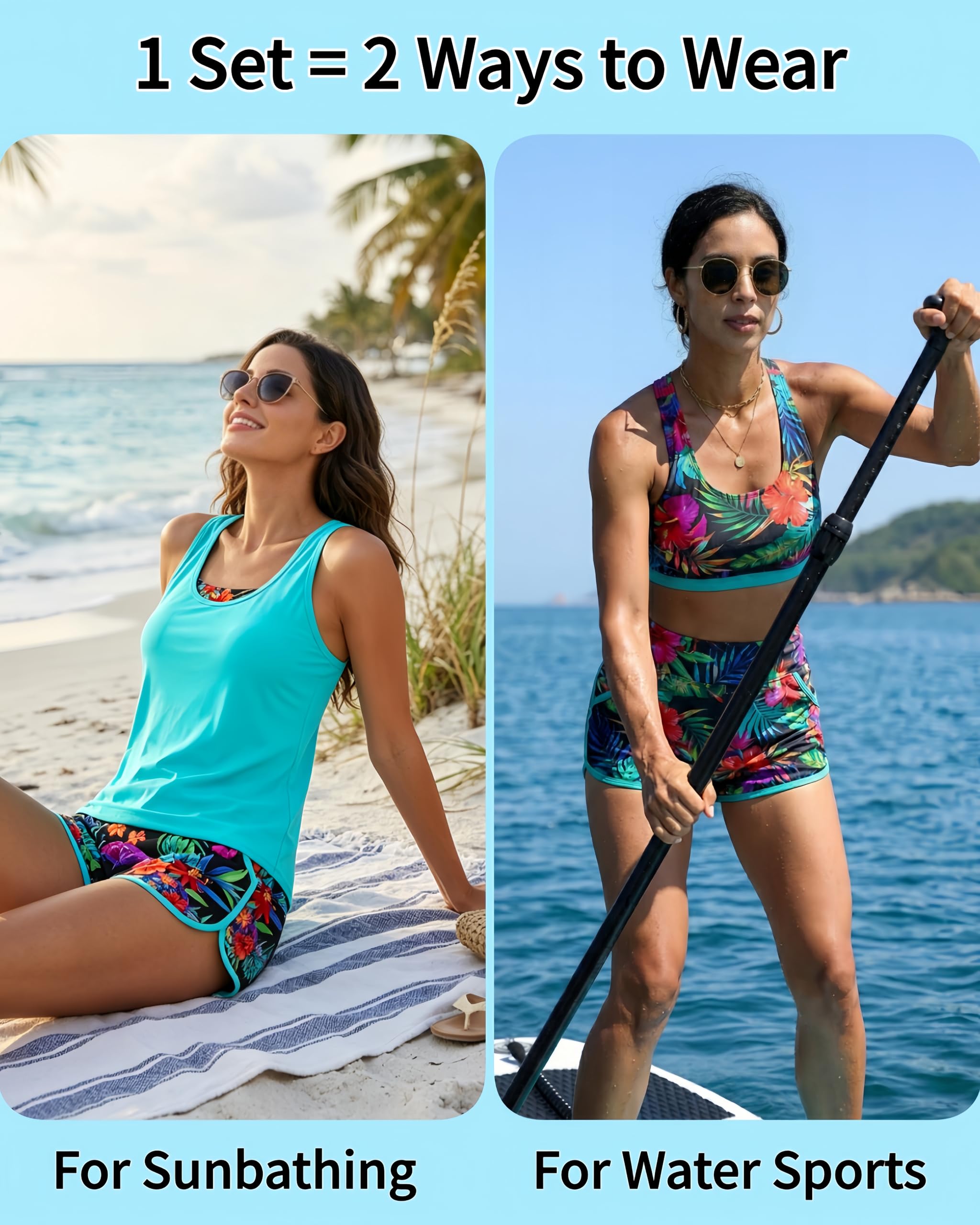 Talisea 3-teiliger Tankini mit Shorts, dezenter Tankini-Badeanzug, figurformende Bademode, Sport-Bademode mit Taschen